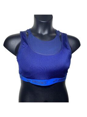 Brooks Large Drive Mesh Run Navy Blue Bolt Sports Bra Layered Compression Wickin